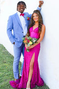 Pink Lace Mermaid Floor-Length Evening Dress with V-Neck and High Slit