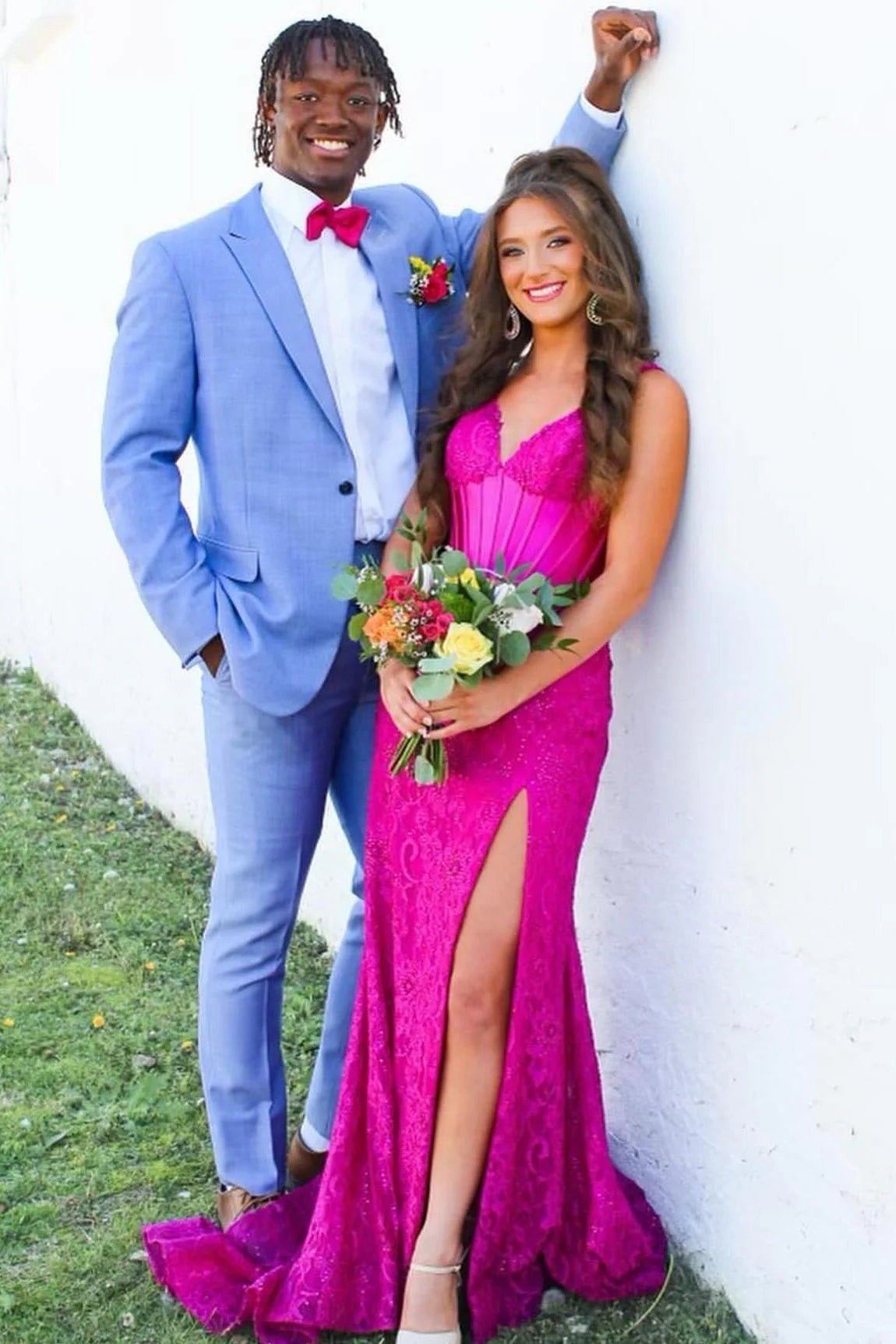 Pink Lace Mermaid Floor-Length Evening Dress with V-Neck and High Slit