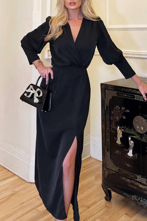 Black Satin V-Neck Midi Sheath Dress with Puff Sleeves
