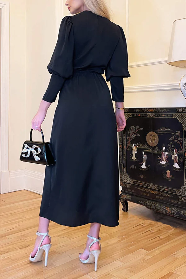 Black Satin V-Neck Midi Sheath Dress with Puff Sleeves