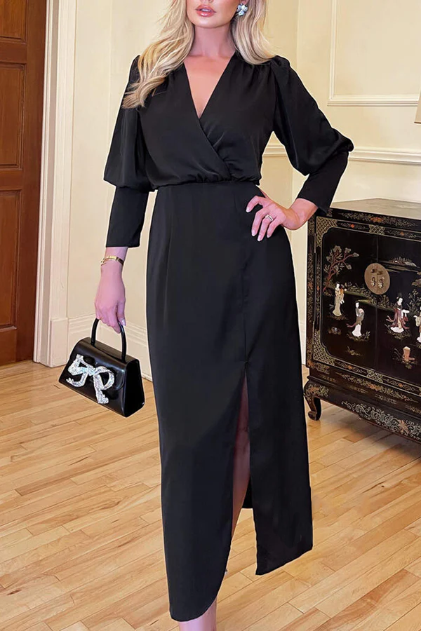 Black Satin V-Neck Midi Sheath Dress with Puff Sleeves