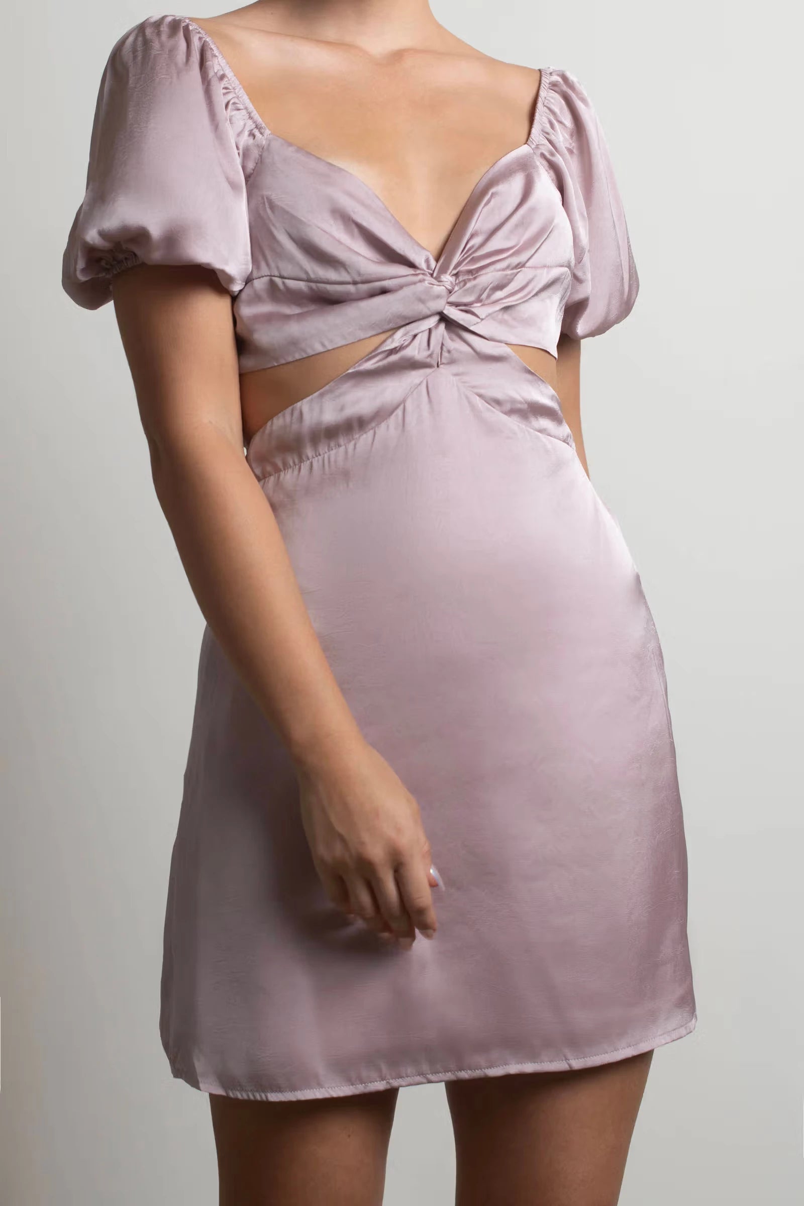 Deep V-neck off shoulder short sleeved off back mini Homecoming dress