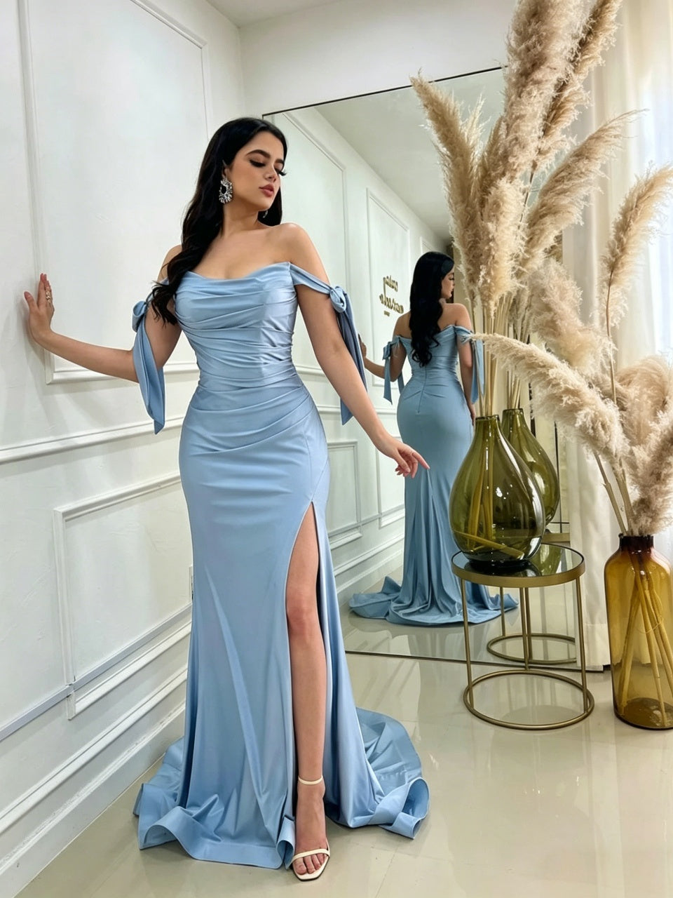 Glam Mermaid Off Shoulder Bow Tie Ruched High Slit Sweep Train Satin Light Blue Evening Dress