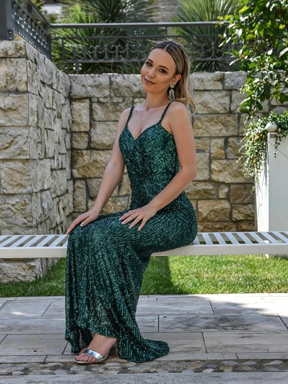 Glam Mermaid Spaghetti Strap Twist Sweetheart Open Back Full Sequin Floor Length Evening Dress