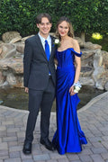 Blue Satin Sheath/column Floor-Length Sweetheart Off-the-Shoulder Gown