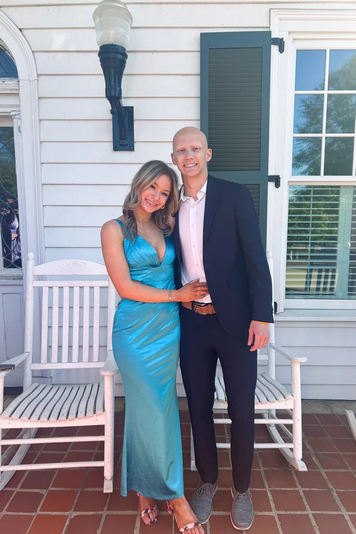 Teal Satin V-Neck Sheath/Column Floor-Length Evening Dress with Draped Skirt