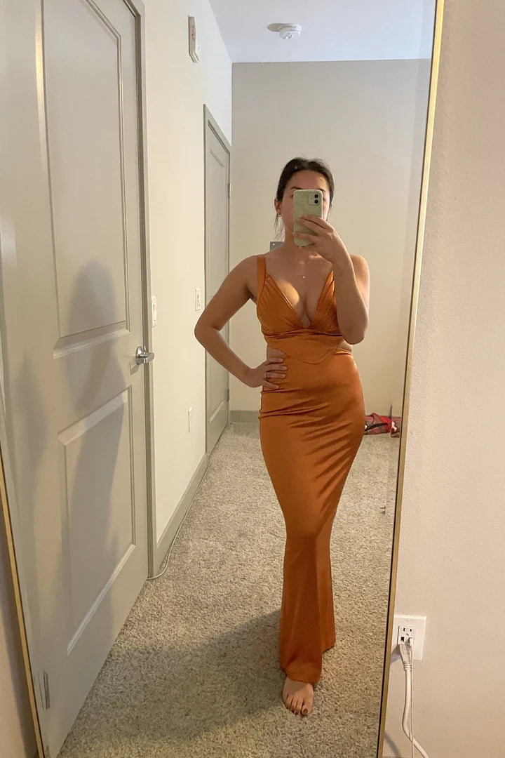 Teal Satin V-Neck Sheath/Column Floor-Length Evening Dress with Draped Skirt