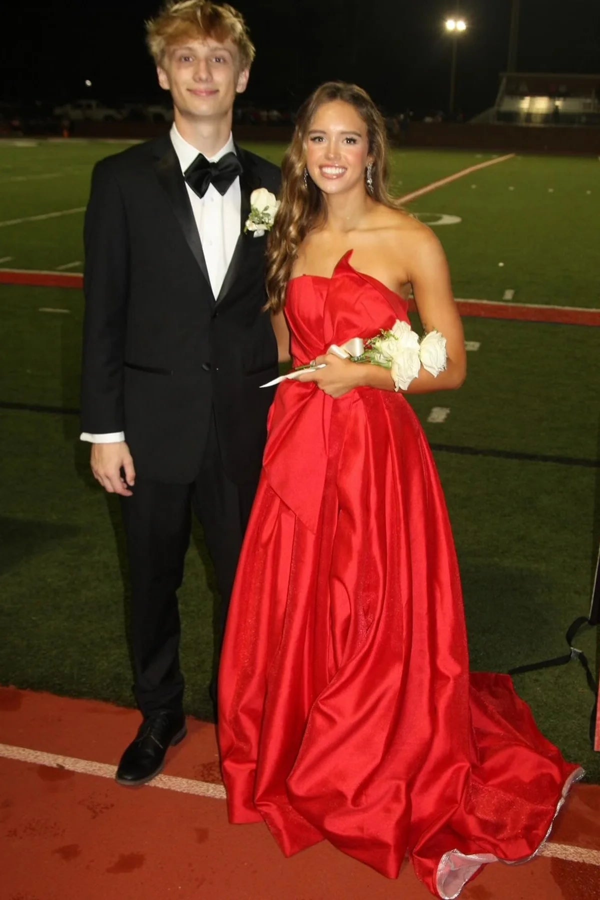 Glam Strapless Twist-Front Satin Ball Gown Prom Dress