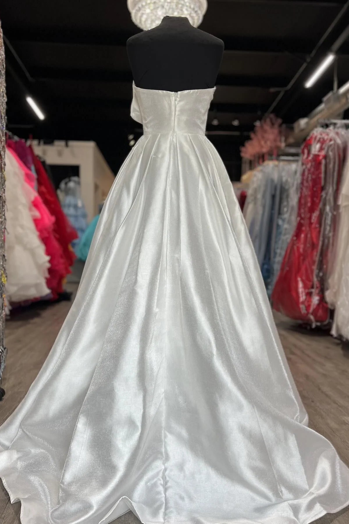 Red Satin A-Line Floor-Length Dress with Straight Neck & Sculptural Bodice