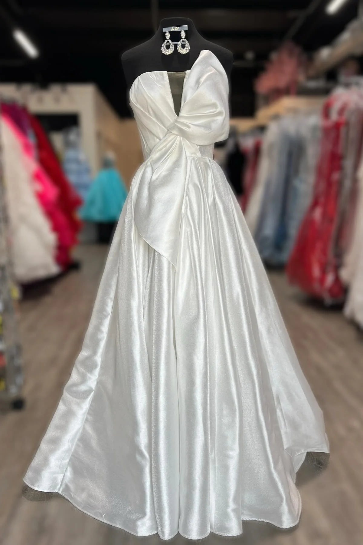 Red Satin A-Line Floor-Length Dress with Straight Neck & Sculptural Bodice