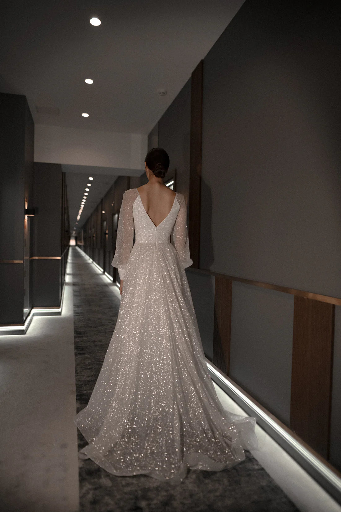 Glamorous A-Line Deep V-Neck Sheer Long Sleeve High Slit Sparkle Maxi Winter Wedding Dress