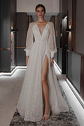 White Glitter A-Line Floor-Length Gown with Plunging V-Neck & High Slit