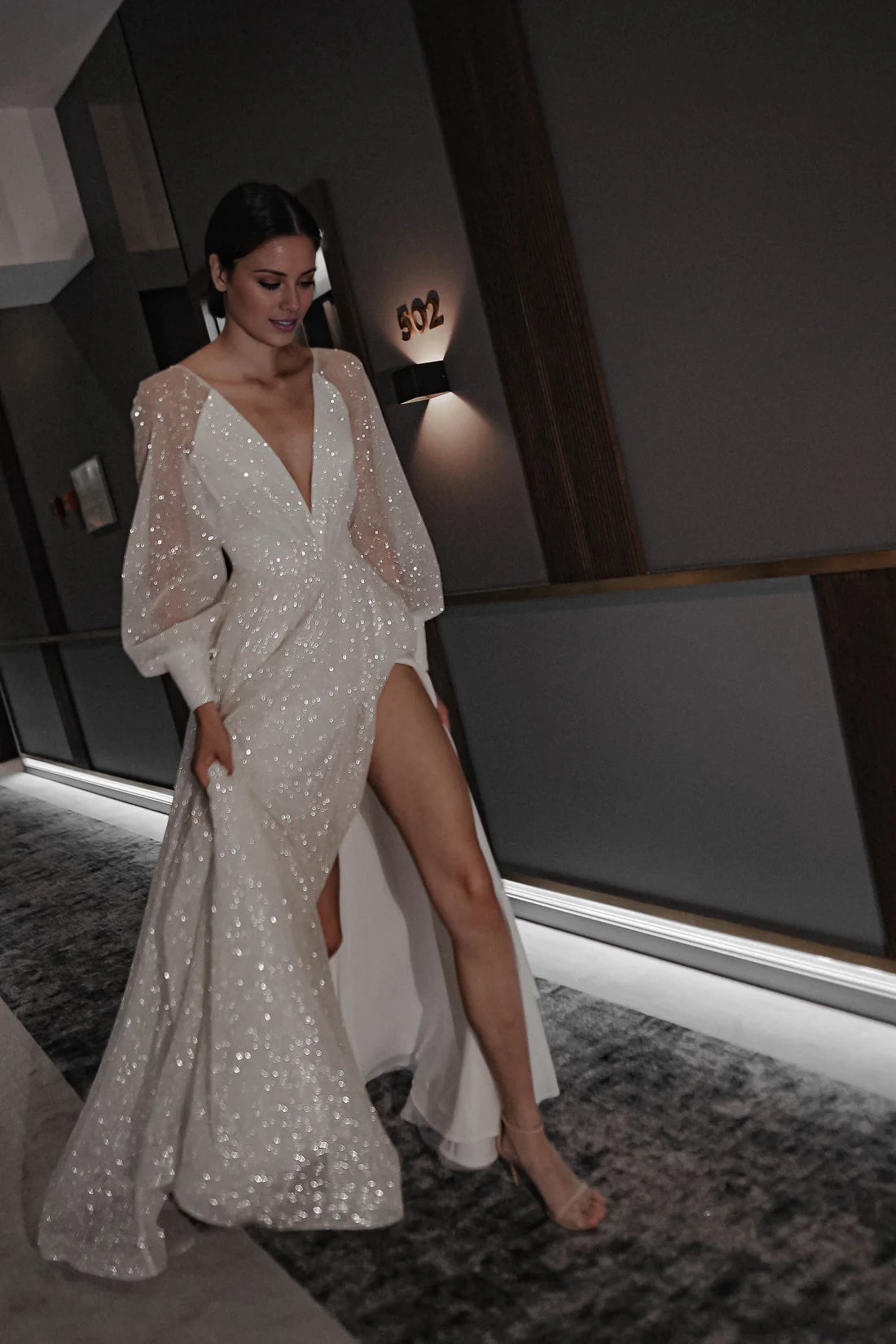 Glamorous A-Line Deep V-Neck Sheer Long Sleeve High Slit Sparkle Maxi Winter Wedding Dress