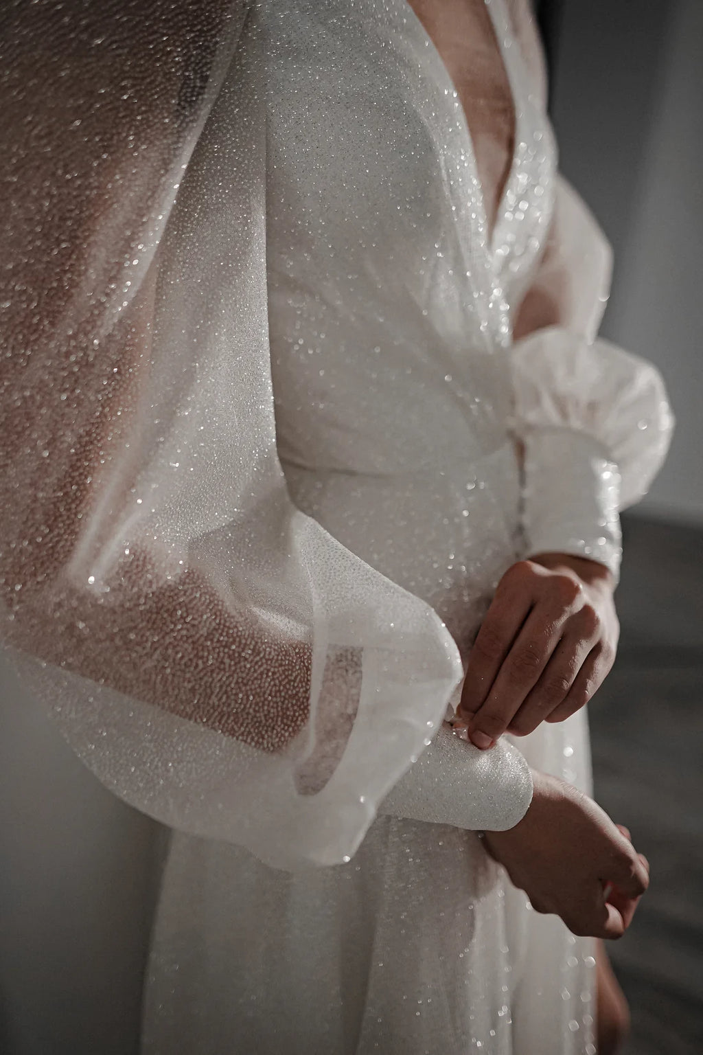 White Glitter A-Line Floor-Length Gown with Plunging V-Neck & High Slit