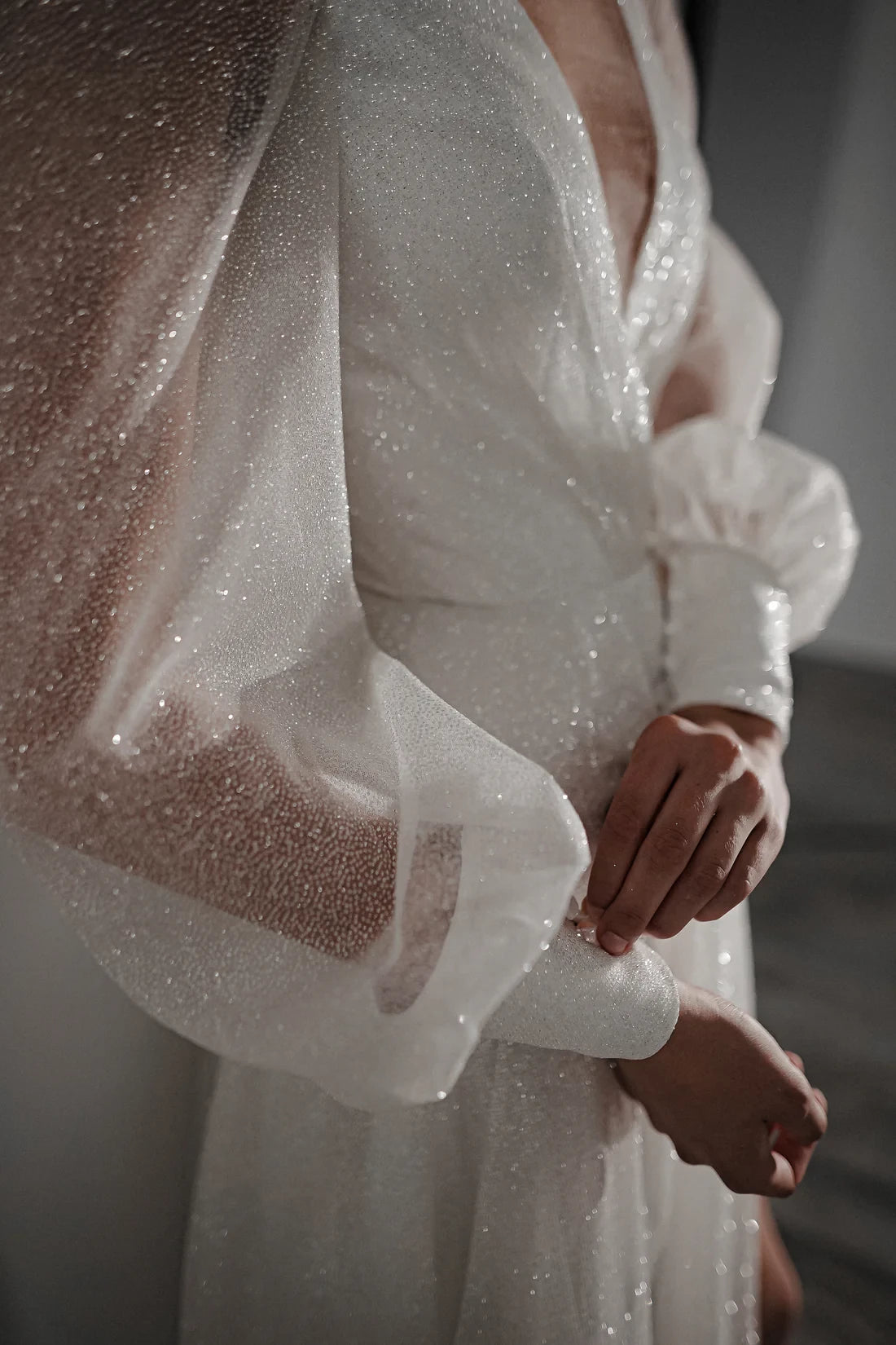 White Glitter A-Line Floor-Length Gown with Plunging V-Neck & High Slit