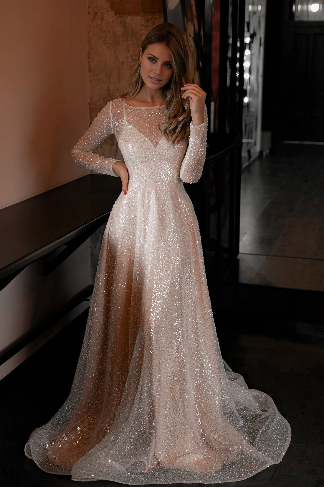 Champagne Sequin A-Line Floor-Length Evening Dress with Illusion Neck and Long Sleeves