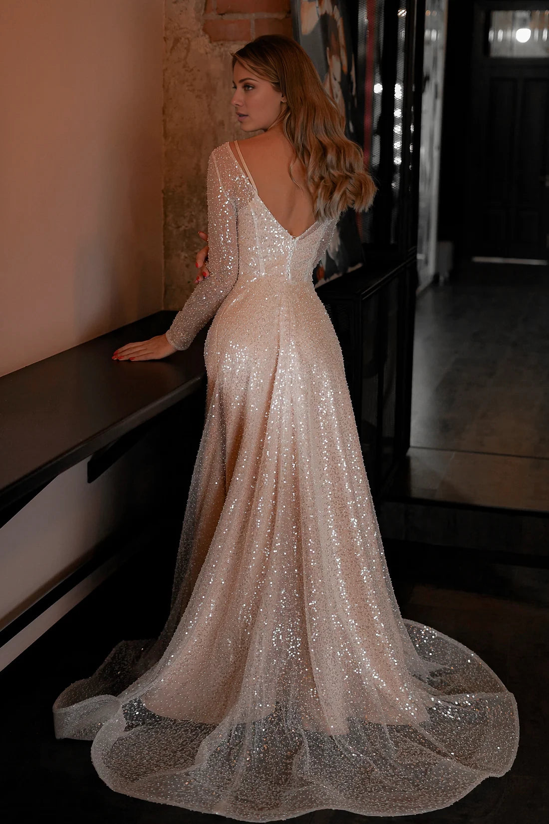 Champagne Sequin A-Line Floor-Length Evening Dress with Illusion Neck and Long Sleeves