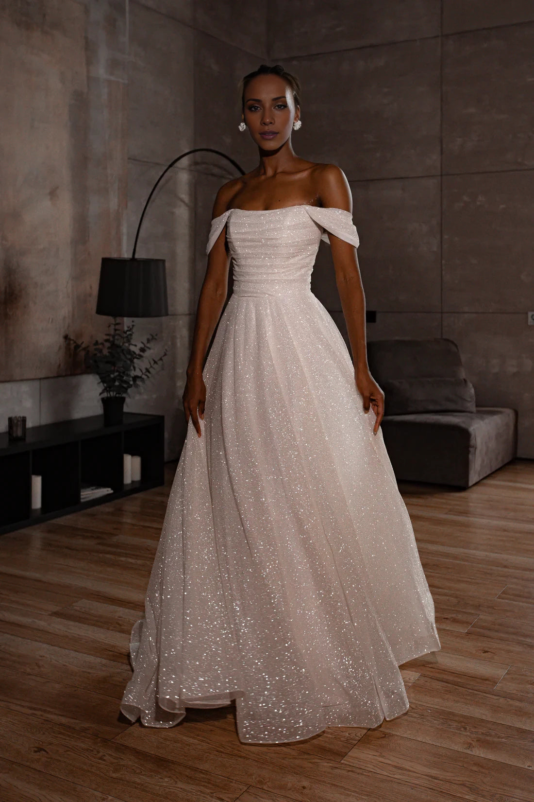Ivory Glitter Off-the-Shoulder A-Line Floor-Length Bridesmaid Dress with Ruched Bodice