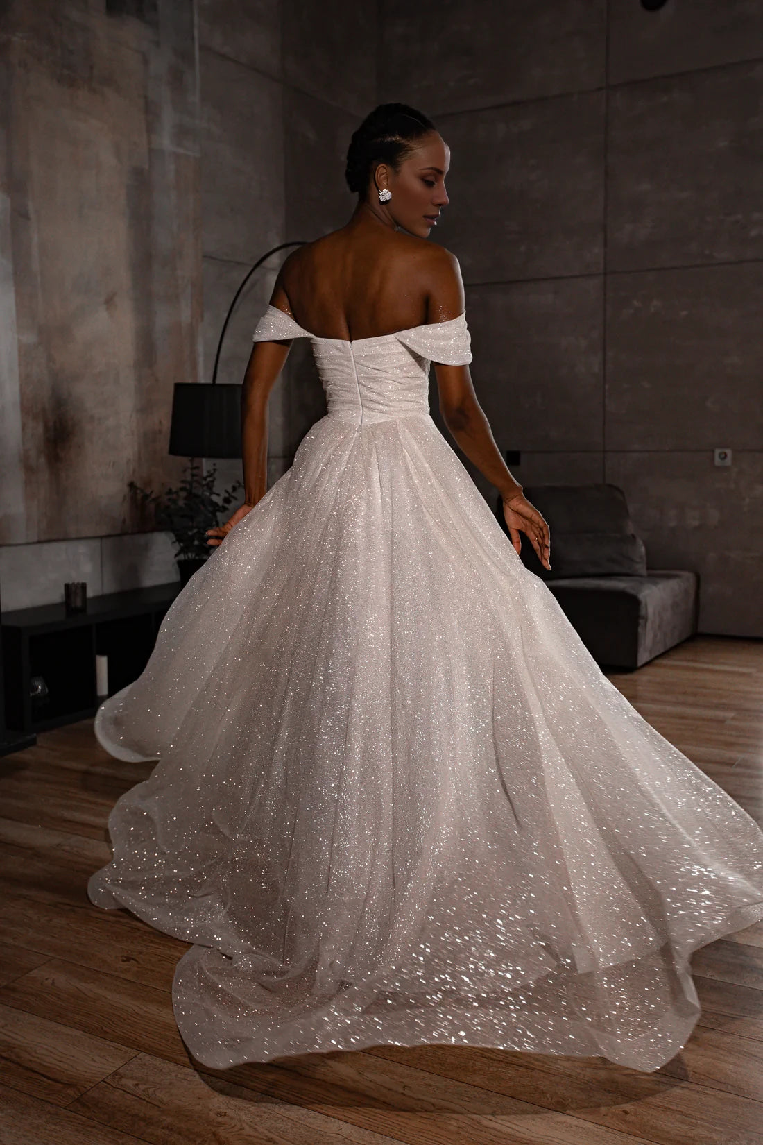 Ivory Glitter Off-the-Shoulder A-Line Floor-Length Bridesmaid Dress with Ruched Bodice