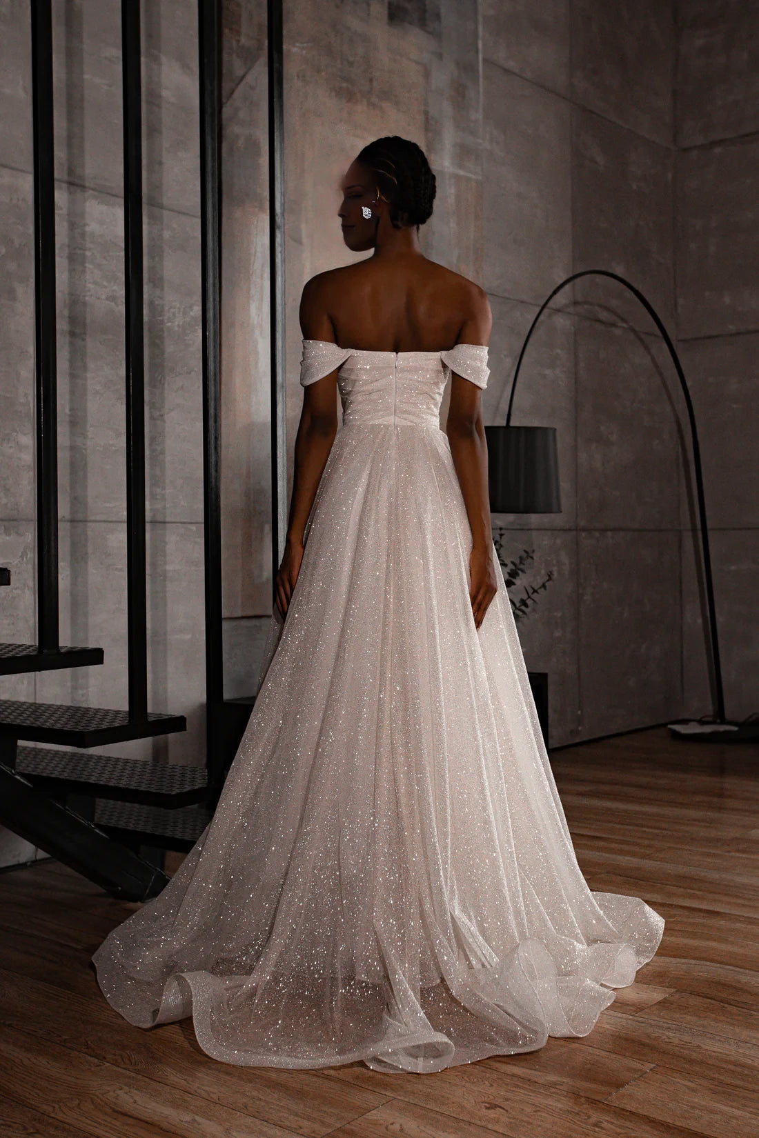Ivory Glitter Off-the-Shoulder A-Line Floor-Length Bridesmaid Dress with Ruched Bodice