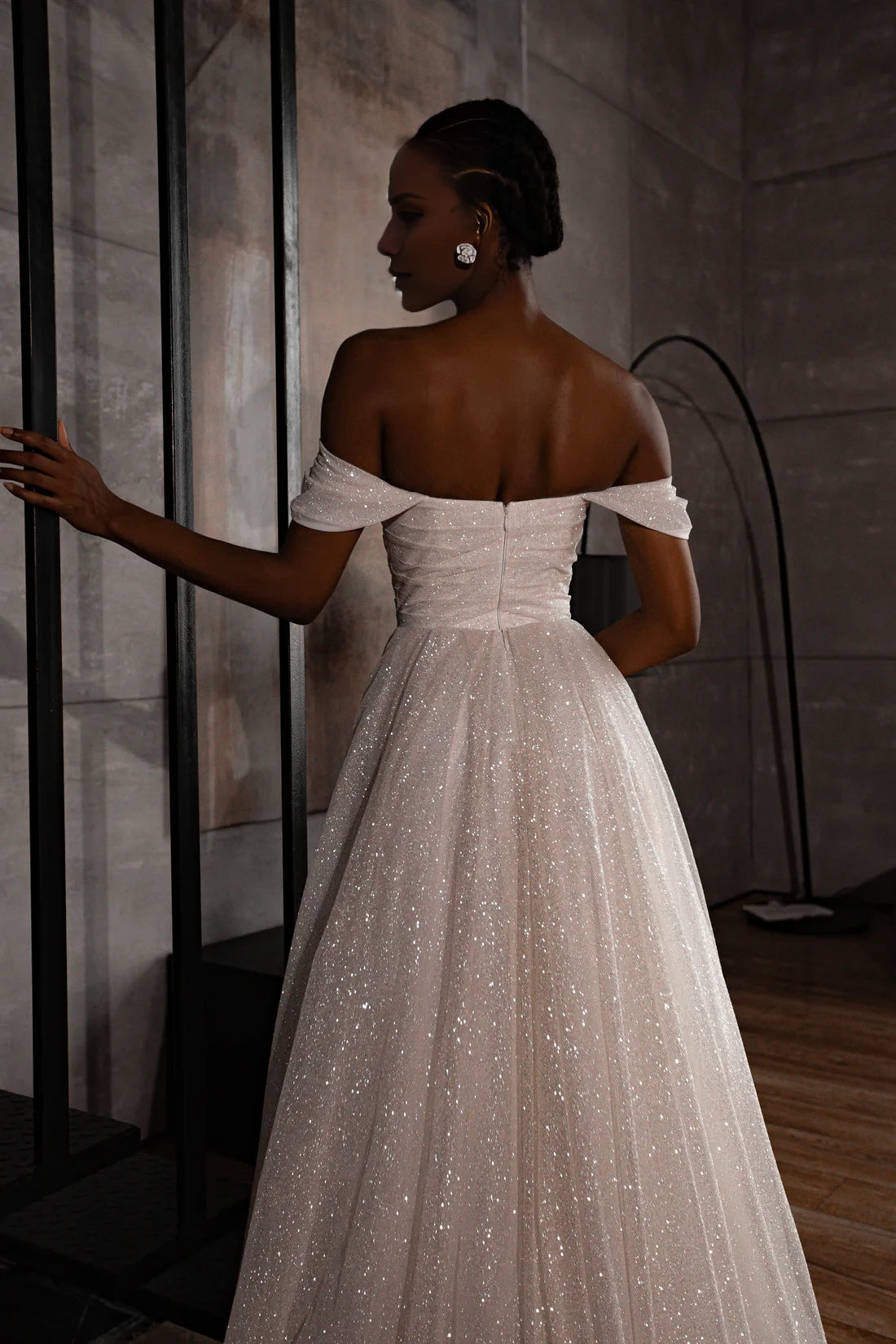 Ivory Glitter Off-the-Shoulder A-Line Floor-Length Bridesmaid Dress with Ruched Bodice