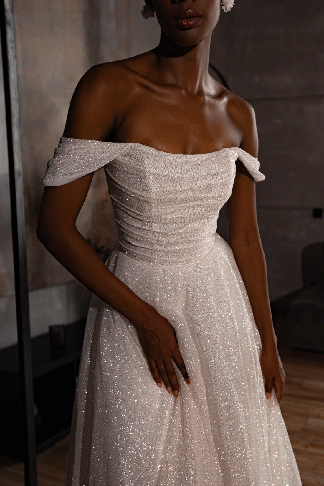 Ivory Glitter Off-the-Shoulder A-Line Floor-Length Bridesmaid Dress with Ruched Bodice