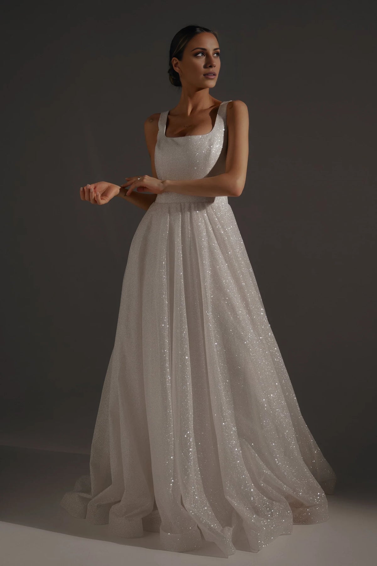 Ivory Glitter Fabric Square Neck A-Line Floor-Length Gown