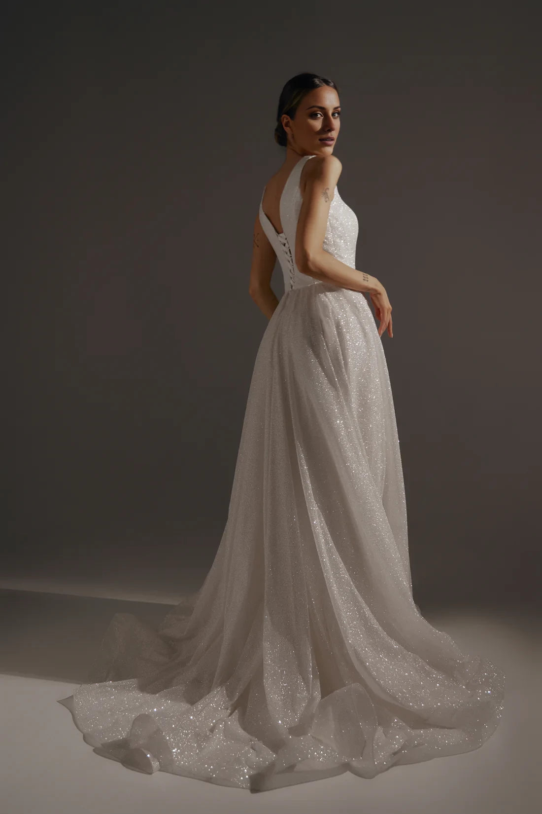 Ivory Glitter Fabric Square Neck A-Line Floor-Length Gown