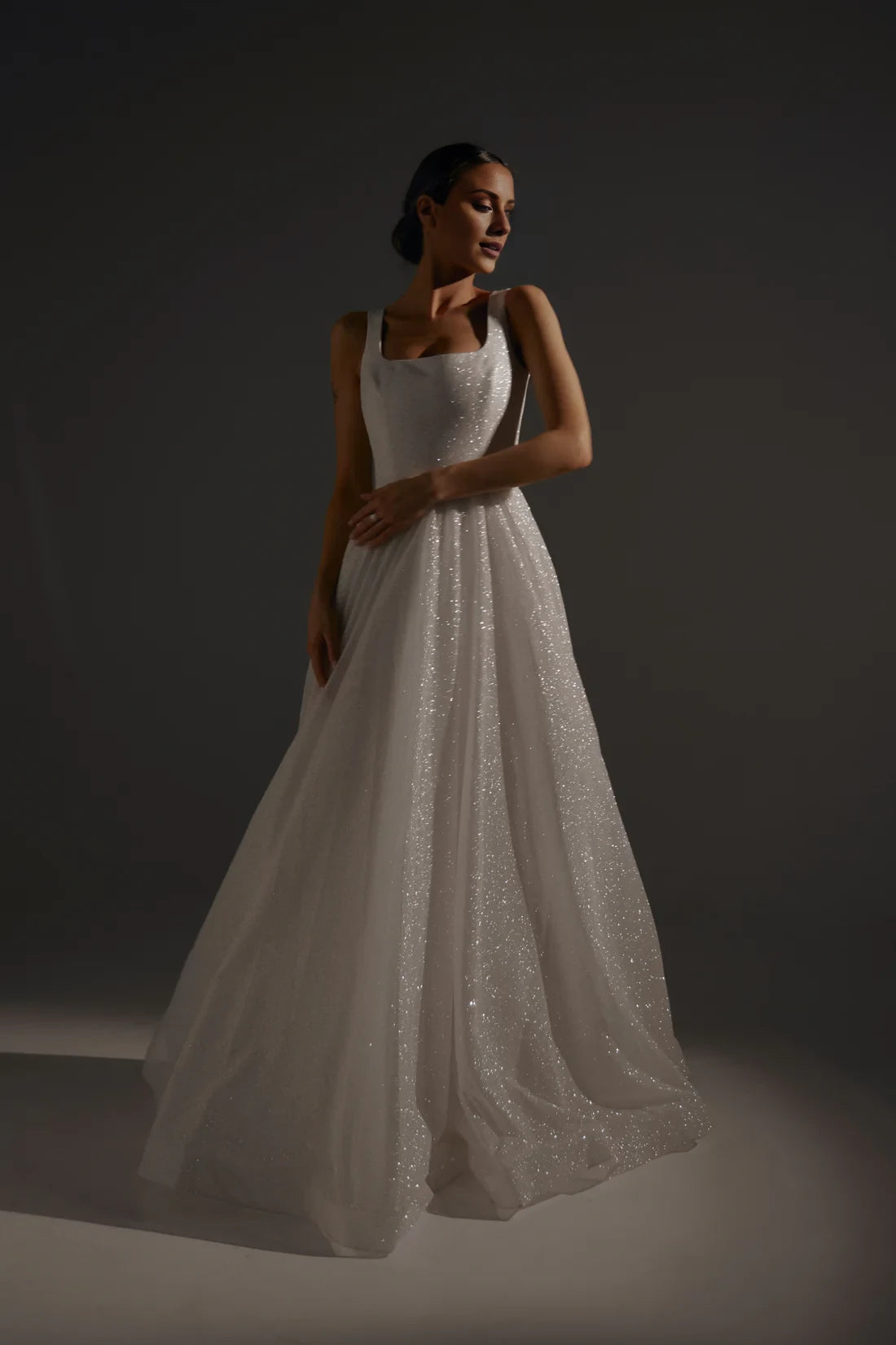 Glamorous A-Line Square Neck Sleeveless Sparkle Floor-Length Winter Wedding Dress
