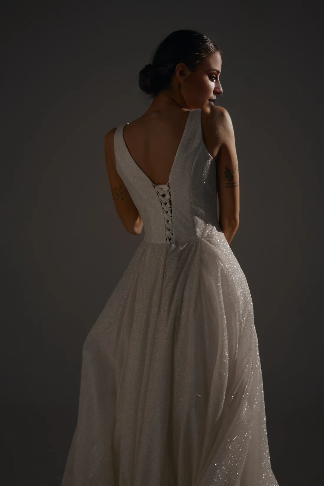 Ivory Glitter Fabric Square Neck A-Line Floor-Length Gown