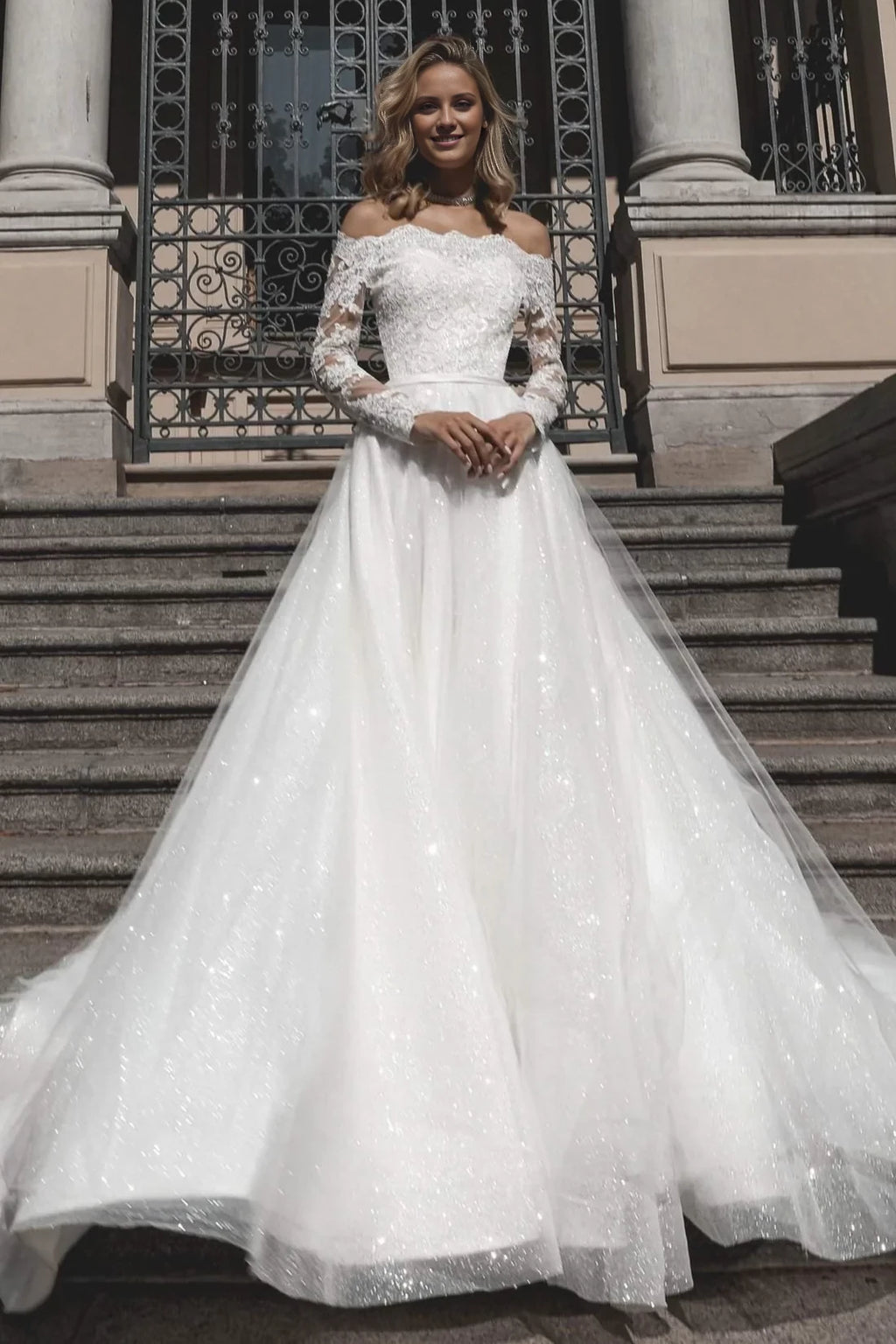 White Off-the-Shoulder A-Line Floor-Length Evening Dress with Glitter Tulle Skirt
