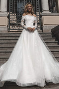 White Off-the-Shoulder A-Line Floor-Length Evening Dress with Glitter Tulle Skirt