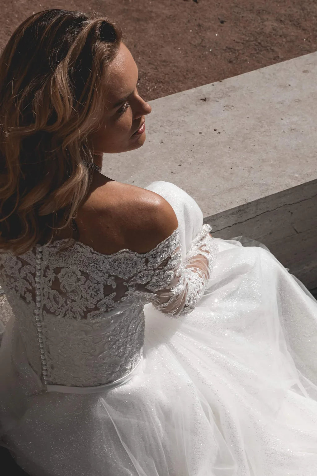 White Off-the-Shoulder A-Line Floor-Length Evening Dress with Glitter Tulle Skirt