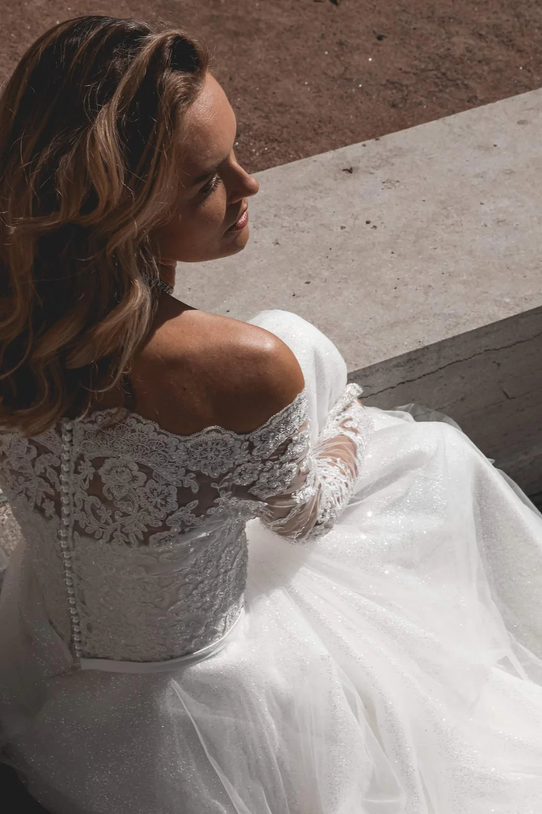 White Off-the-Shoulder A-Line Floor-Length Evening Dress with Glitter Tulle Skirt