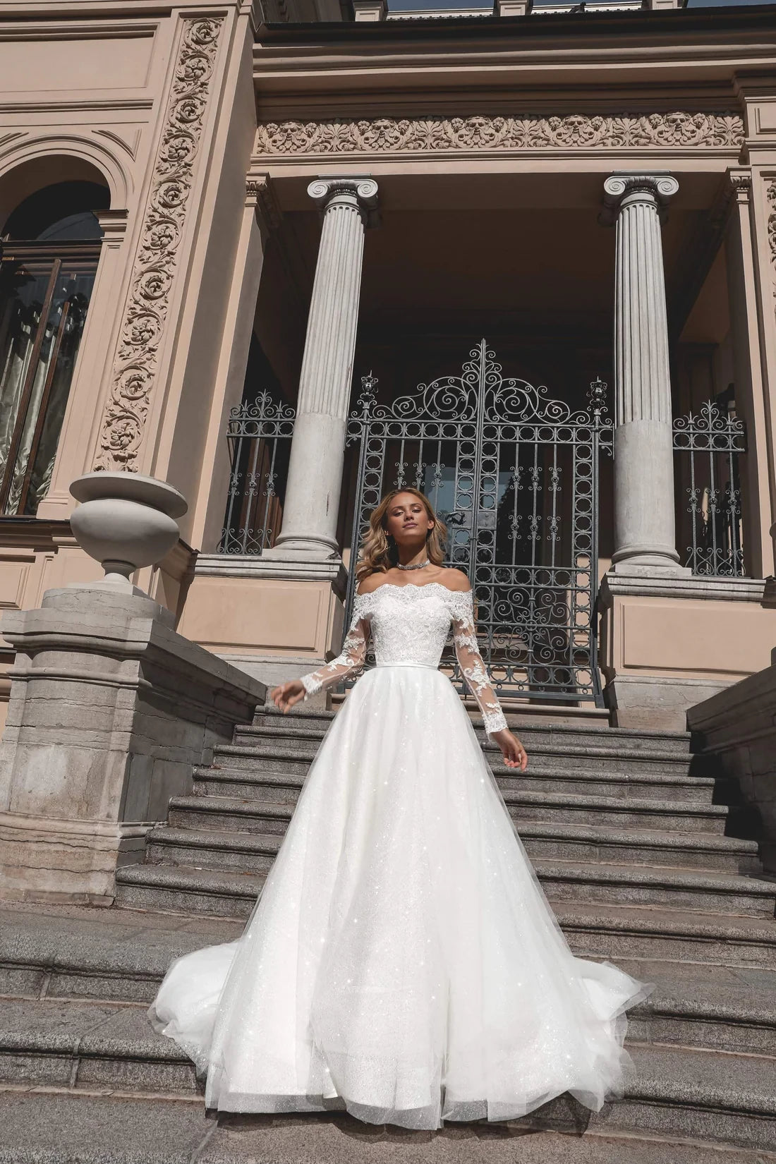 Glamorous Ball Gown Off-Shoulder Neck Lace Long Sleeve Sparkle Maxi Winter Wedding Dress