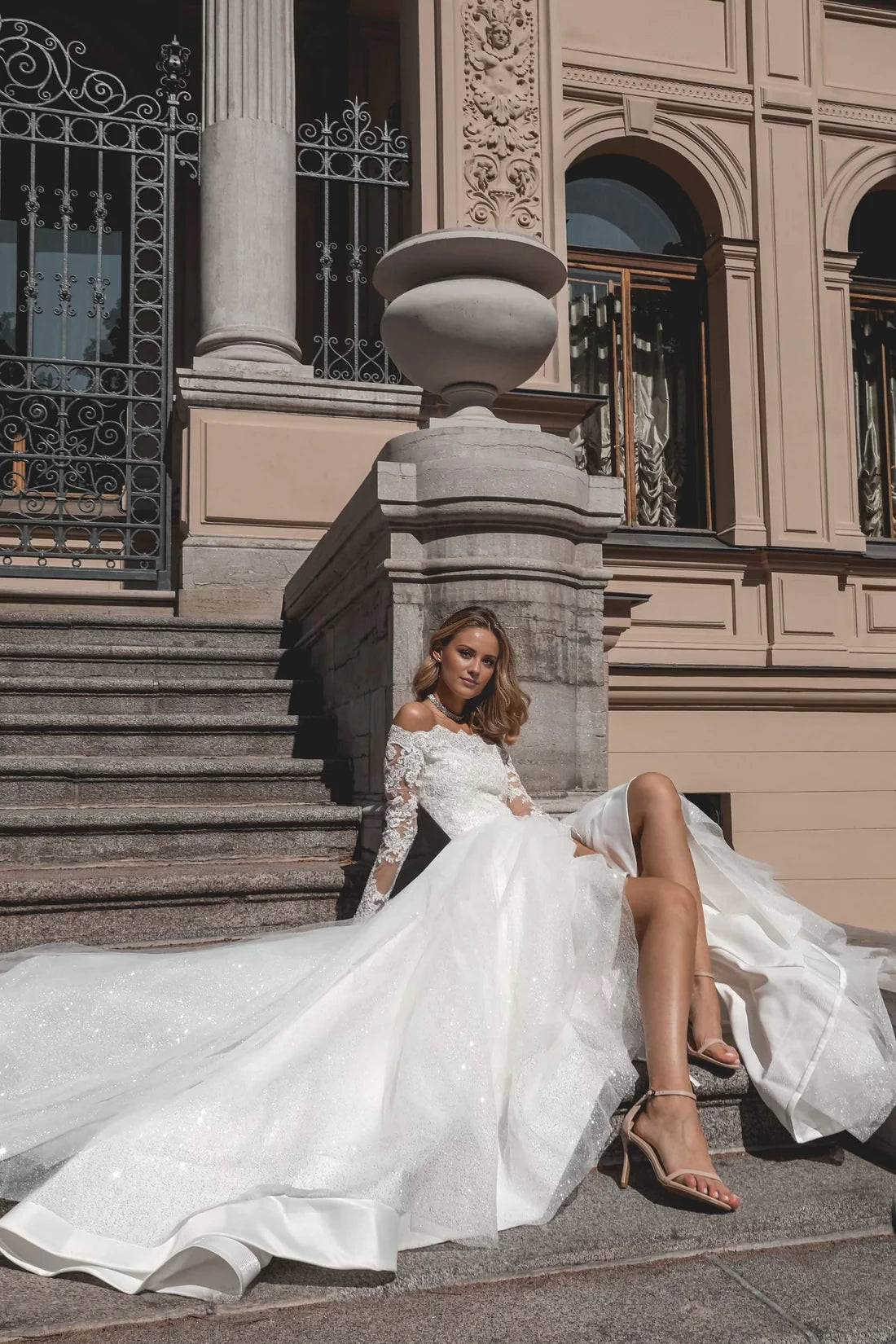 White Off-the-Shoulder A-Line Floor-Length Evening Dress with Glitter Tulle Skirt