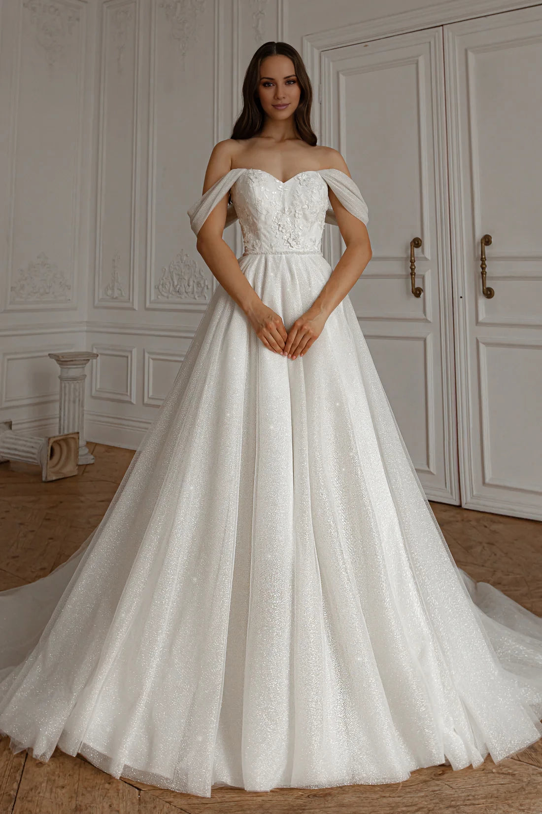 Glamorous Ball Gown Off-Shoulder Sleeveless Embroidered Sparkle Maxi Winter Wedding Dress