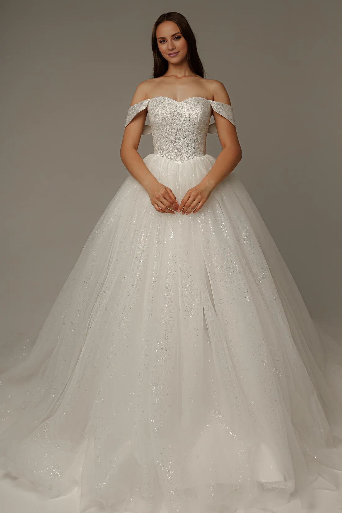Glamorous Ball Gown Off-Shoulder Sleeveless Lace Up Sparkle Maxi Winter Wedding Dress
