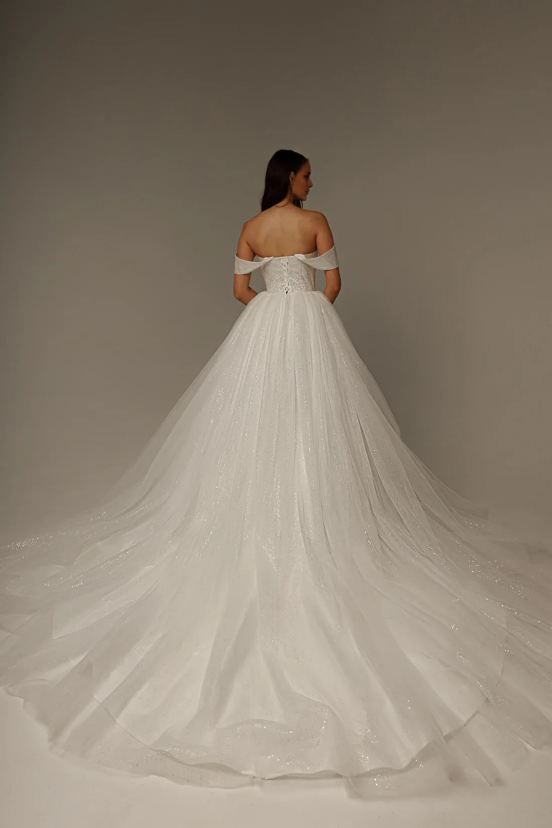 Glamorous Ball Gown Off-Shoulder Sleeveless Lace Up Sparkle Maxi Winter Wedding Dress