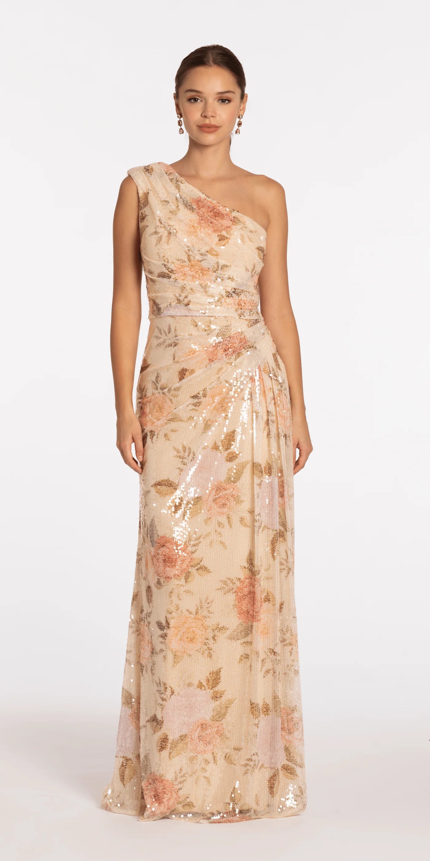 Glamorous Blush Floral Sequin One-Shoulder Ruched Back Zip Floor-Length Prom Dress