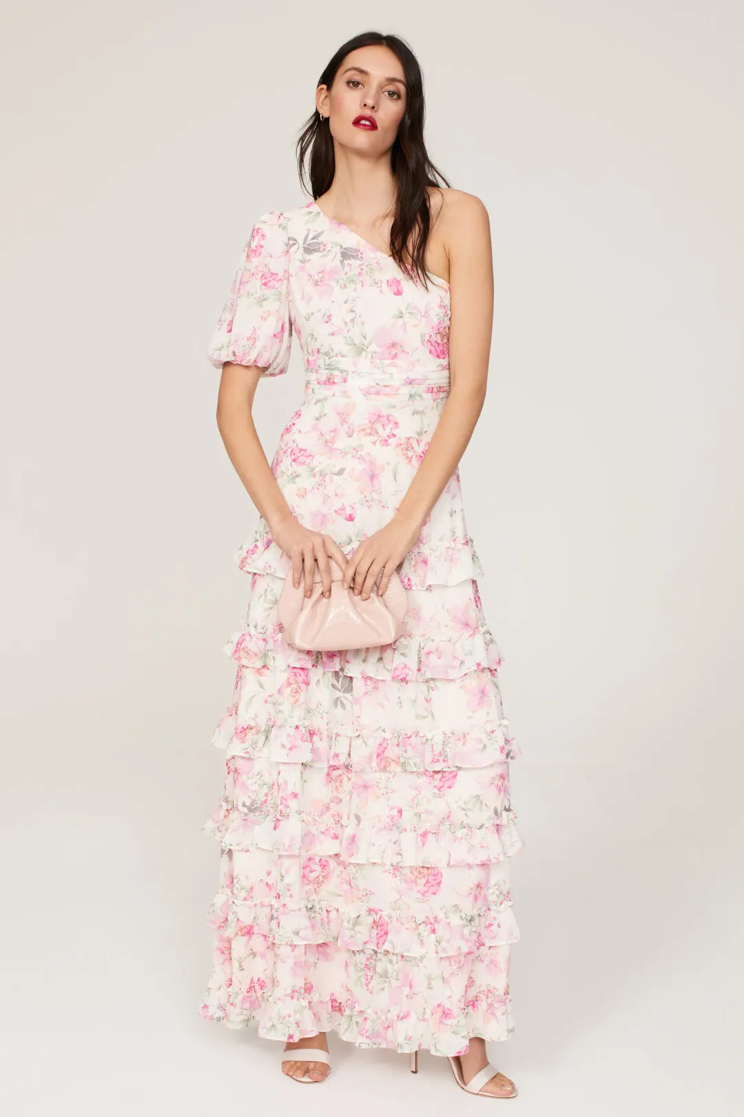 Glamorous Blush Pink A-Line One-Shoulder Puff-Sleeve Floral-Print Floor-Length Prom Dresses