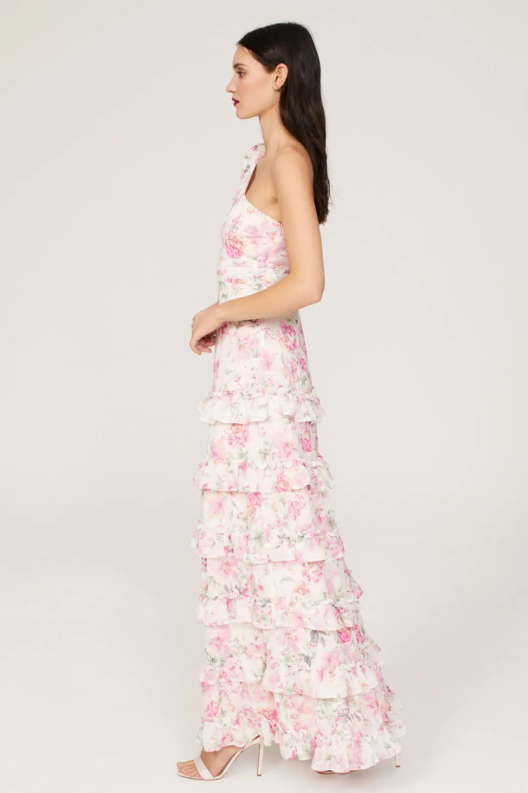 Glamorous Blush Pink A-Line One-Shoulder Puff-Sleeve Floral-Print Floor-Length Prom Dresses