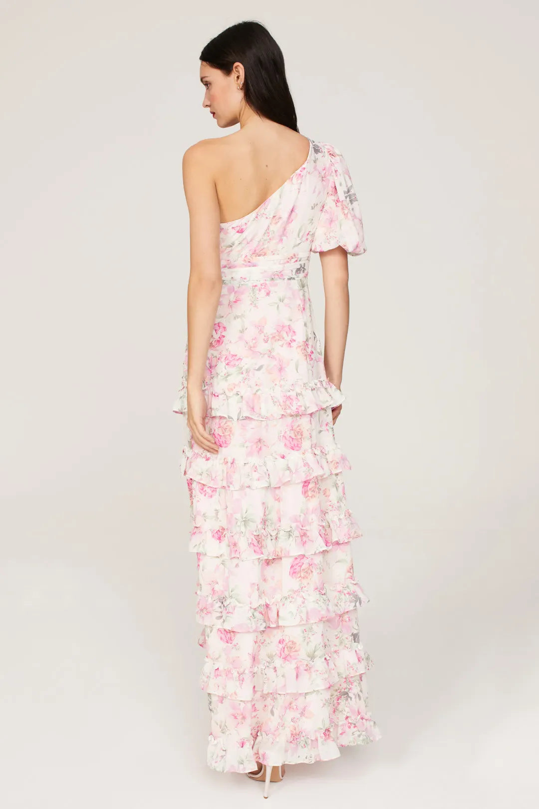 Glamorous Blush Pink A-Line One-Shoulder Puff-Sleeve Floral-Print Floor-Length Prom Dresses