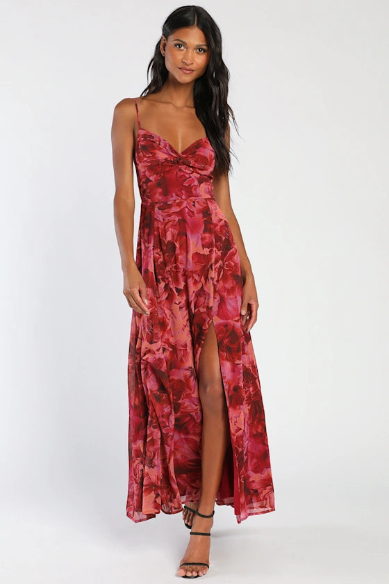 Glamorous Bold Red Floral Print A-Line Silhouette Sweetheart Neck Spaghetti Strap Fitted Bodice Twist Knot High Slit Maxi Chiffon Prom Dress