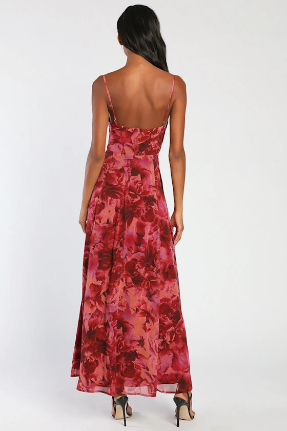 Glamorous Bold Red Floral Print A-Line Silhouette Sweetheart Neck Spaghetti Strap Fitted Bodice Twist Knot High Slit Maxi Chiffon Prom Dress