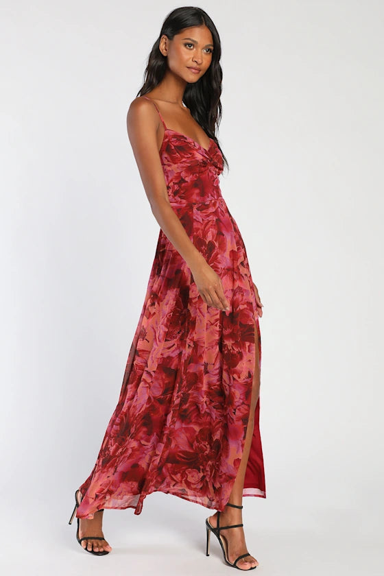 Glamorous Bold Red Floral Print A-Line Silhouette Sweetheart Neck Spaghetti Strap Fitted Bodice Twist Knot High Slit Maxi Chiffon Prom Dress