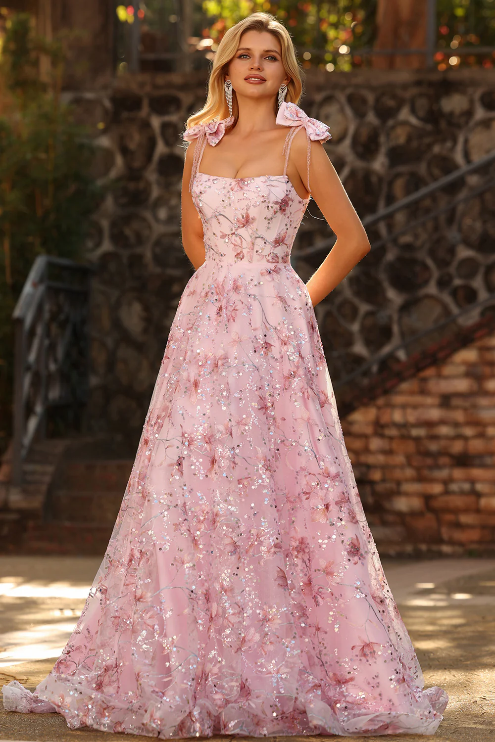 Glamorous Bow-Shoulder Floral Sequin Tulle Prom Dress with Square Neck