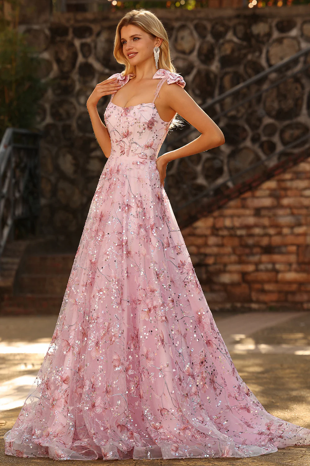 Glamorous Bow-Shoulder Floral Sequin Tulle Prom Dress with Square Neck