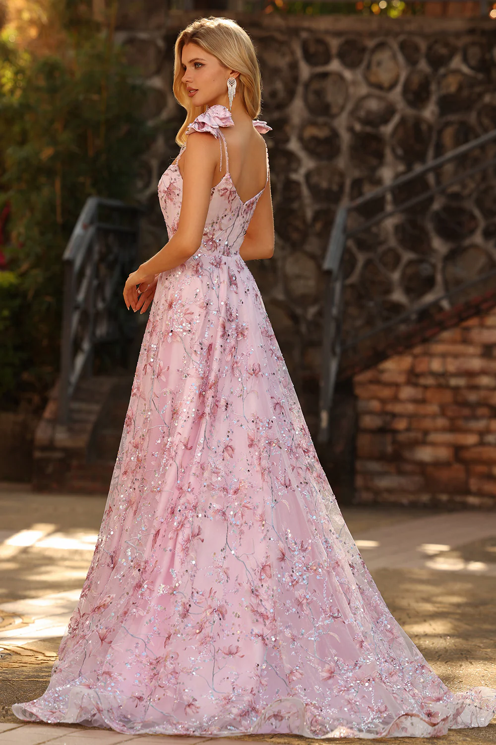 Glamorous Bow-Shoulder Floral Sequin Tulle Prom Dress with Square Neck