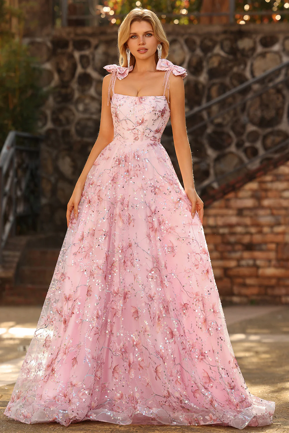 Glamorous Bow-Shoulder Floral Sequin Tulle Prom Dress with Square Neck